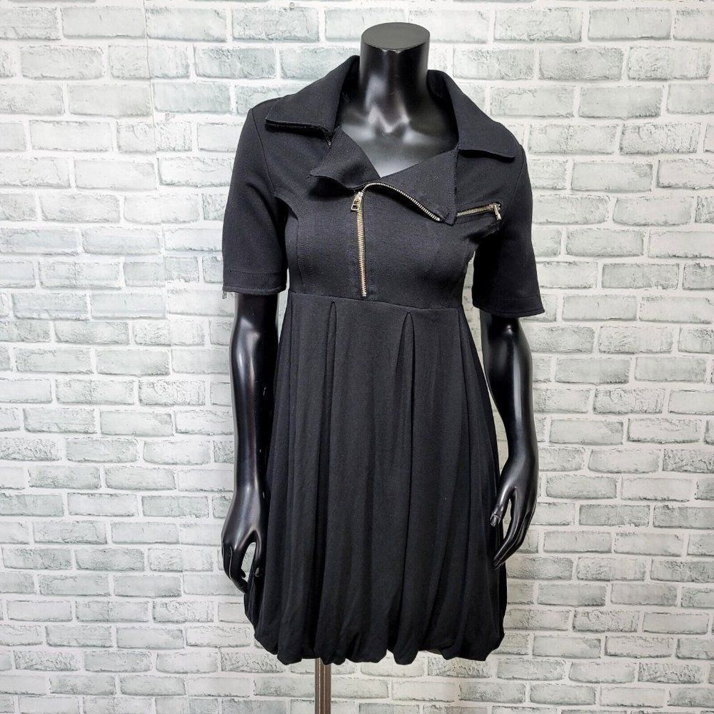 Animale Womens S Black Collared Asym Zip Neckline Balloon Hem‎ Mini Dress